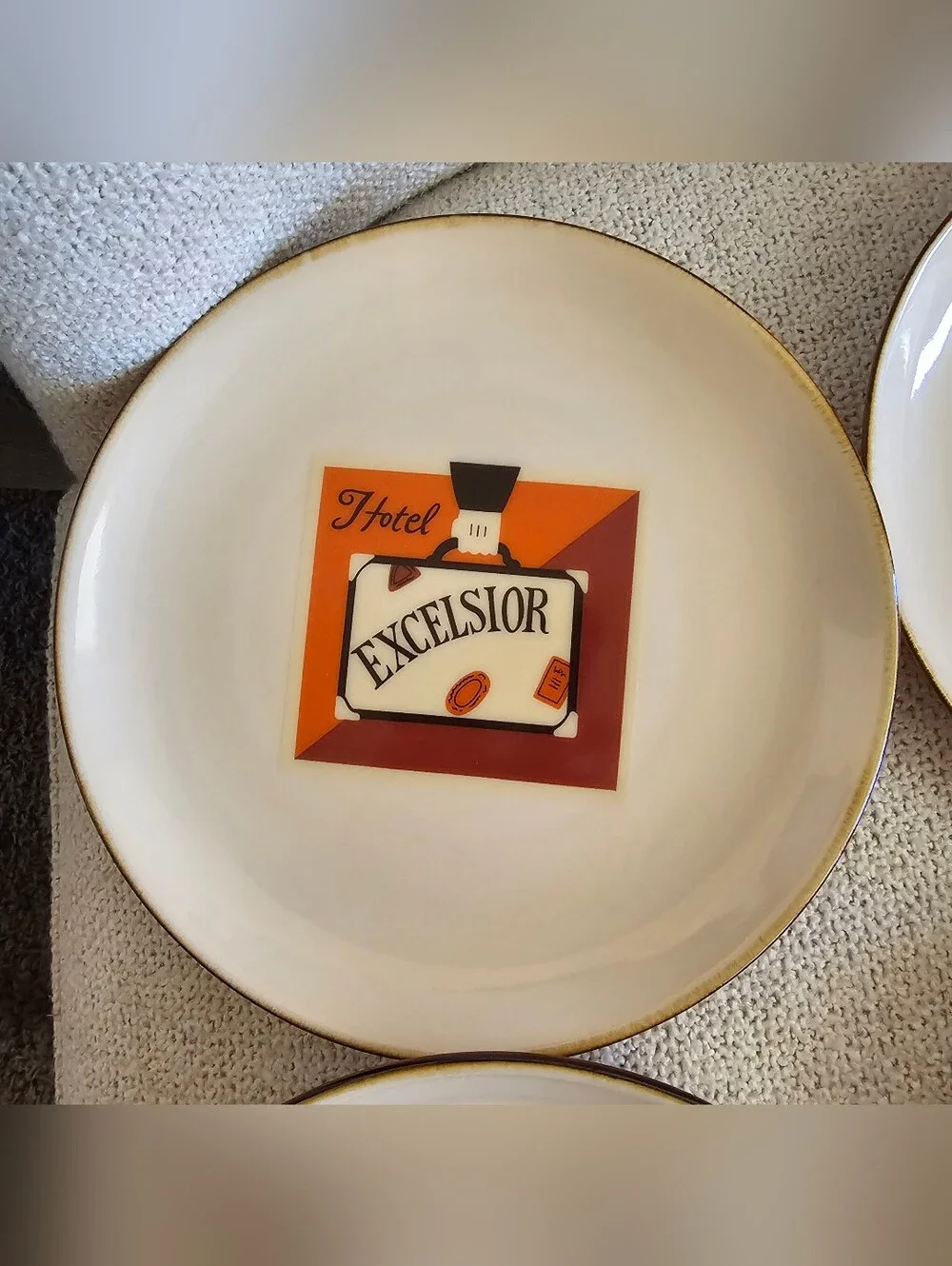Pottery Barn Cream Salad Plates Retro Travel Graphics - Set of 4 - Discontinued